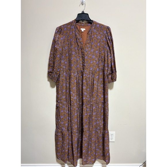 J. Jill Dresses & Skirts - J. Jill XL Brown Purple Paisley Maxi Dress Button Front Ruffle Cotton